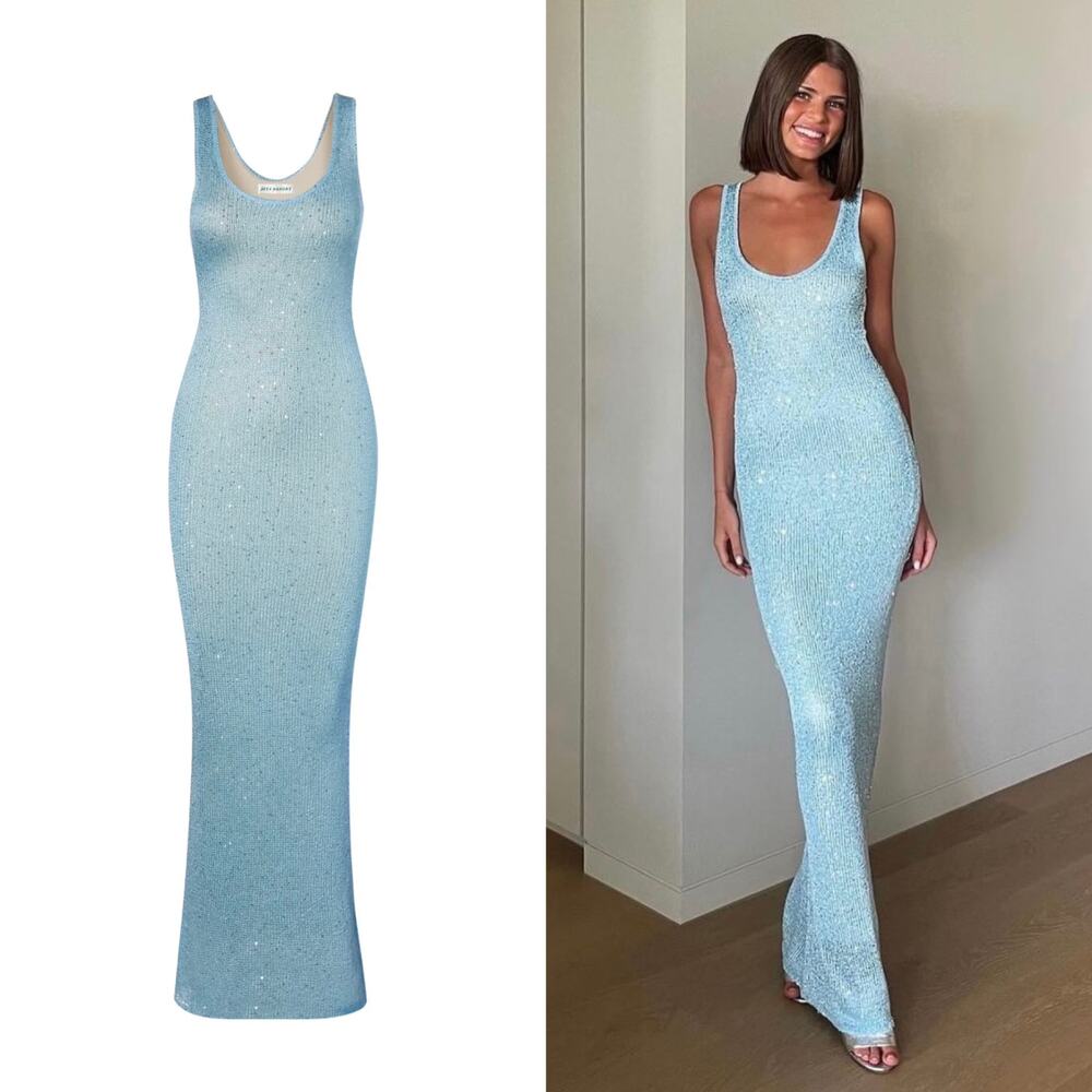 Asta Resort Ana Scoop Maxi Dress in Baia Blue Sequin Size Small